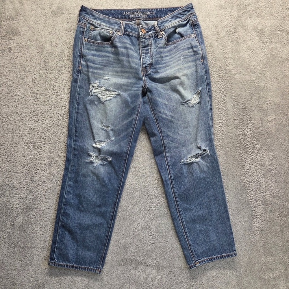American Eagle Jeans Womens 10‎ Blue Boy Crop Mid Rise Distressed Ripped Denim